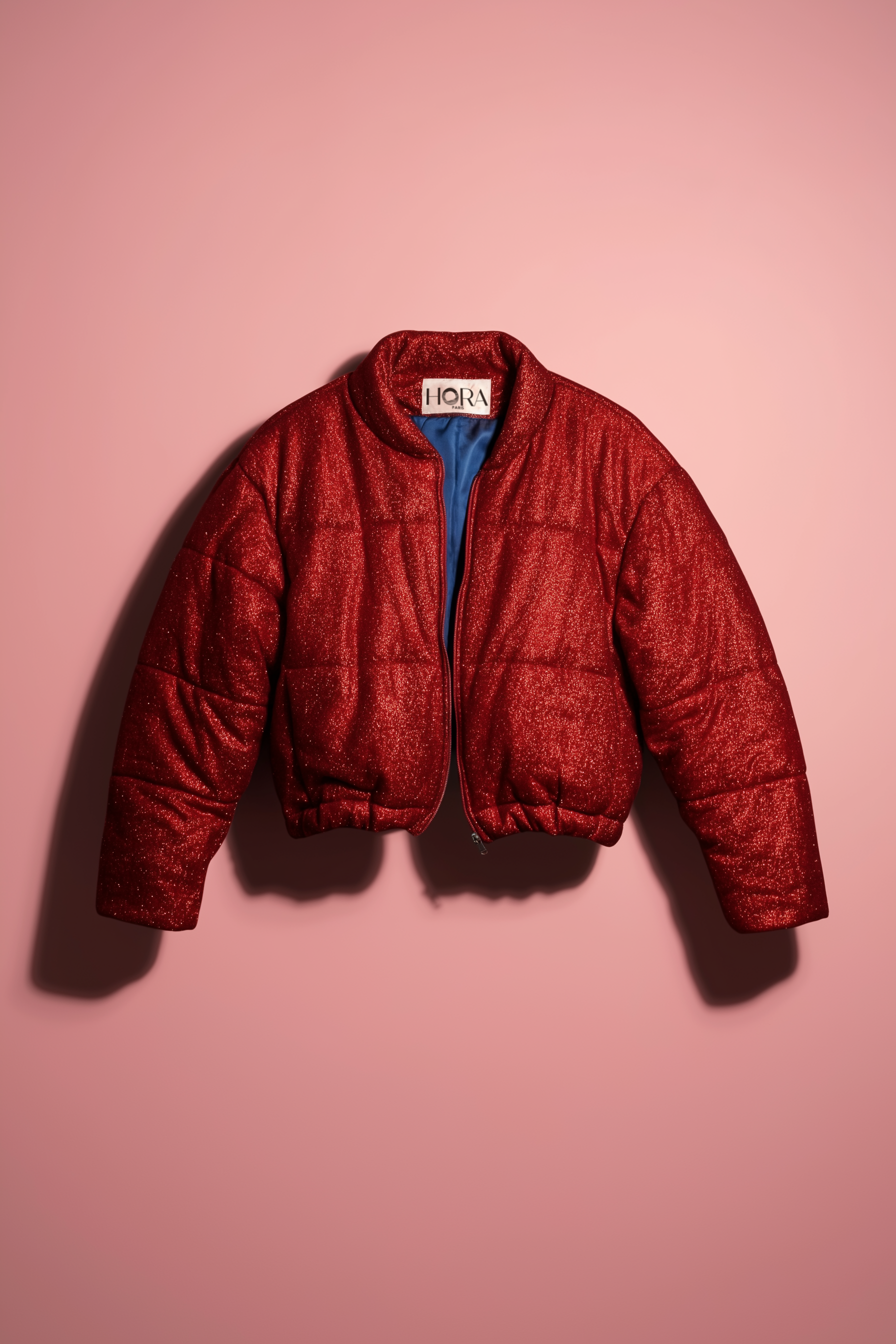 Doudoune - Rouge profond pailletée. Oversize, matelassée et rembourrée. Doublure en satin bleu. THERMO 180. Fermeture zippée et poches latérales zippées. Edition limitée à 3 exemplaires